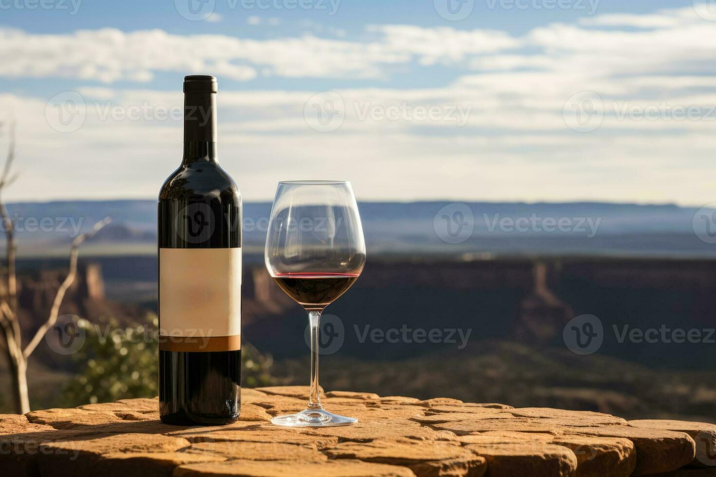 vignoble dégustation du vin bouteille et verre avec scénique toile de fond photo