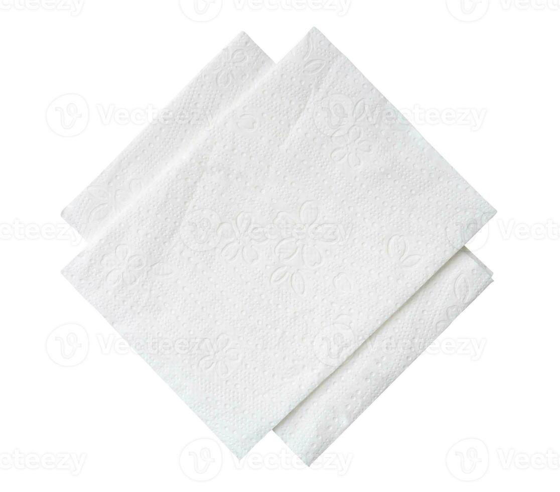 Haut vue de deux plié pièces de blanc tissu papier ou serviette de table dans empiler isolé sur blanc Contexte avec coupure chemin. photo