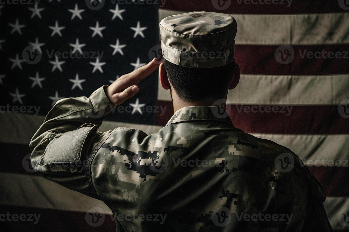 le respect et honneur une captivant retour vue la photographie de militaire saluer le Etats-Unis drapeau, une hommage à patriotisme et sacrifice génératif ai photo