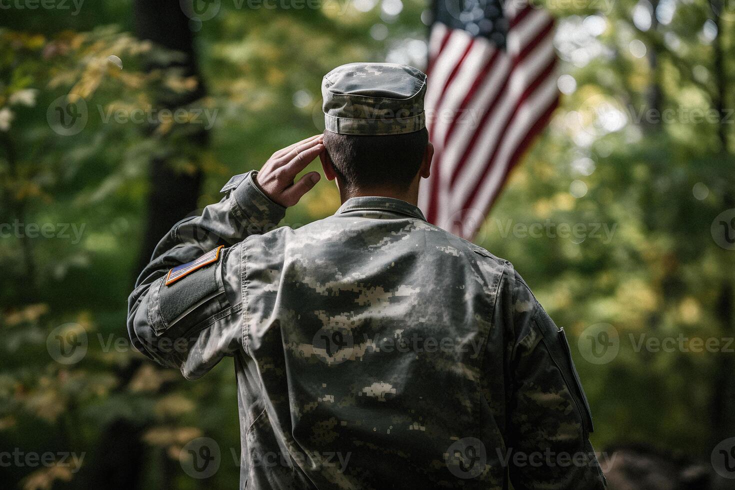 le respect et honneur une captivant retour vue la photographie de militaire saluer le Etats-Unis drapeau, une hommage à patriotisme et sacrifice génératif ai photo