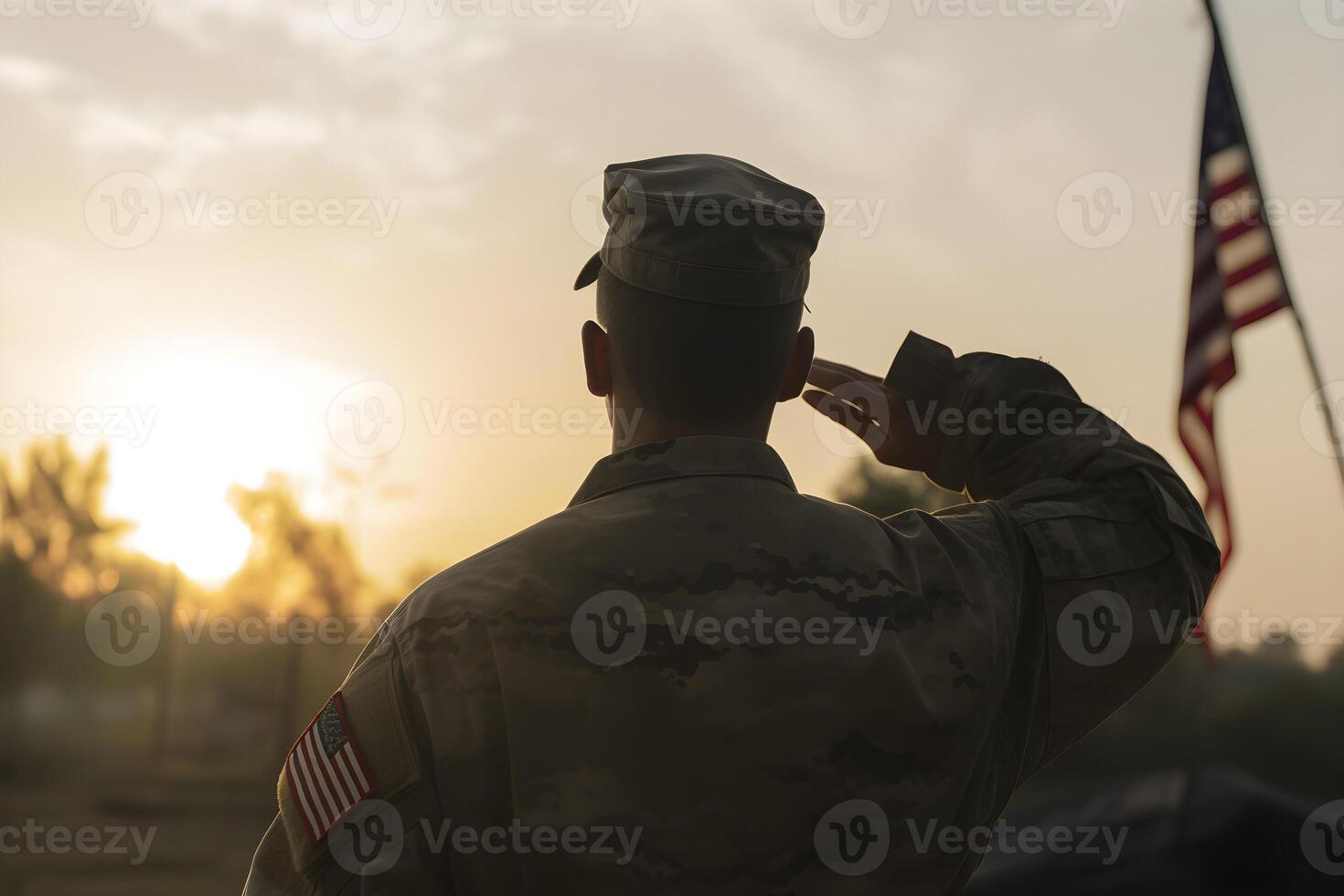 le respect et honneur une captivant retour vue la photographie de militaire saluer le Etats-Unis drapeau, une hommage à patriotisme et sacrifice génératif ai photo