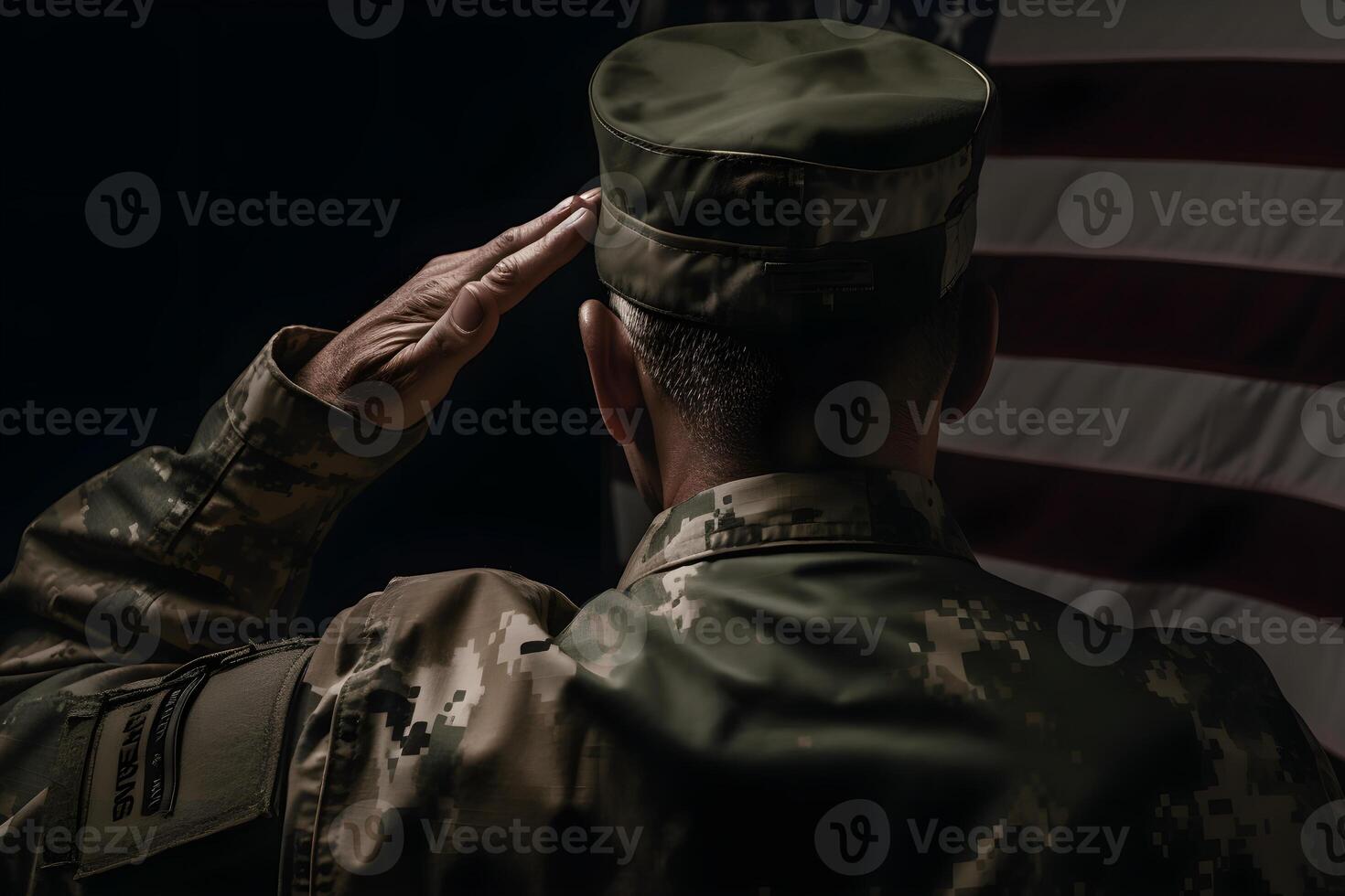 le respect et honneur une captivant retour vue la photographie de militaire saluer le Etats-Unis drapeau, une hommage à patriotisme et sacrifice génératif ai photo