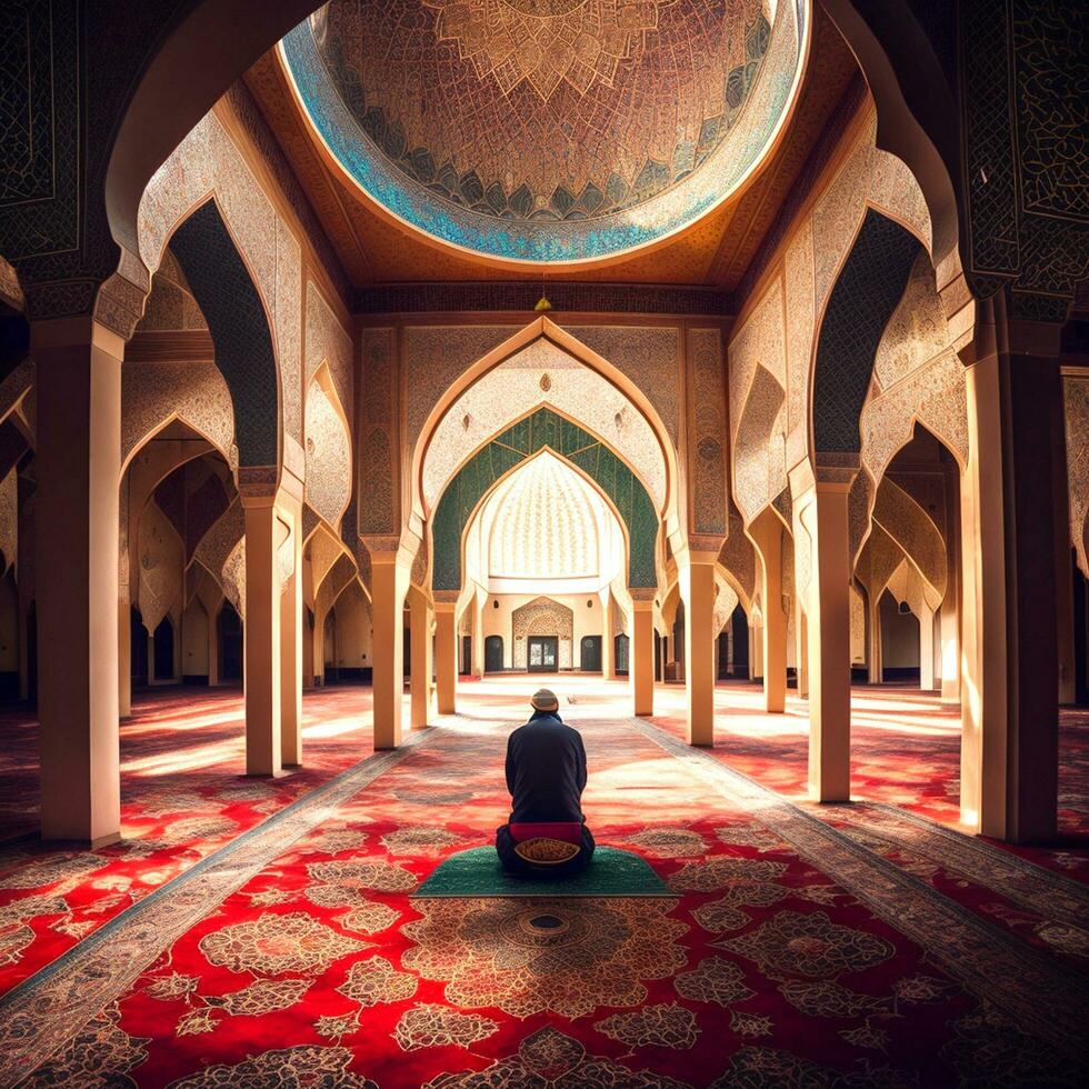 croissant en forme de lune et mosquée dans de face de nuit nuageux et étoile Ramadan le saint mois photo