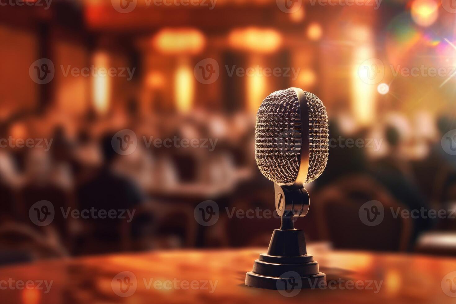 une photographier avec le microphone dans concentrer au dessus le conférence salle lutrin. génératif ai photo