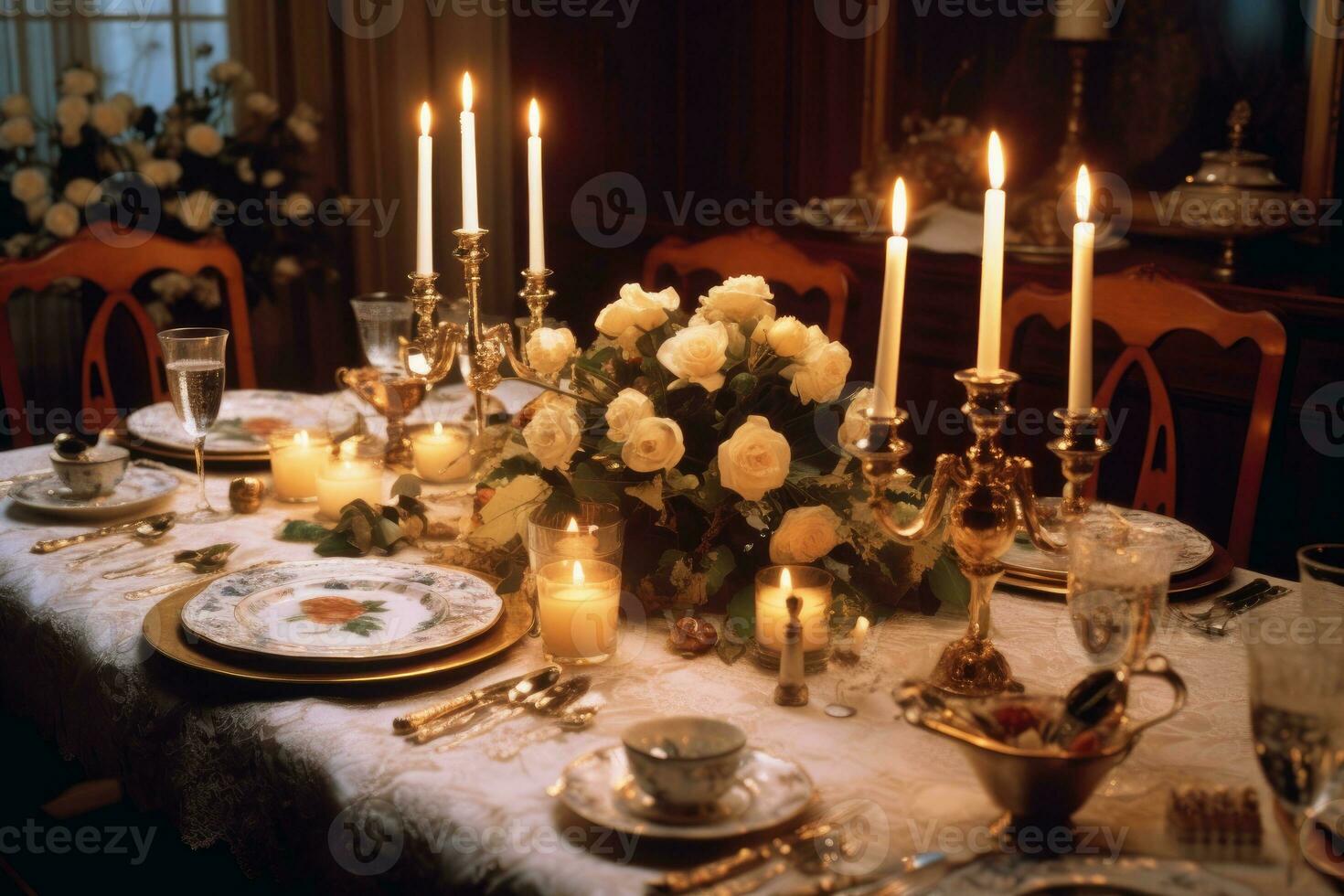 photo de une magnifique dîner table préparé pour Nouveau années veille. génératif ai