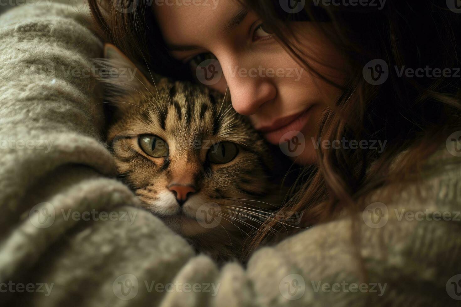 une photo de une femme séance pacifiquement, berceau sa chat dans sa bras, comme elle les plantes une doux baiser sur ses diriger. génératif ai