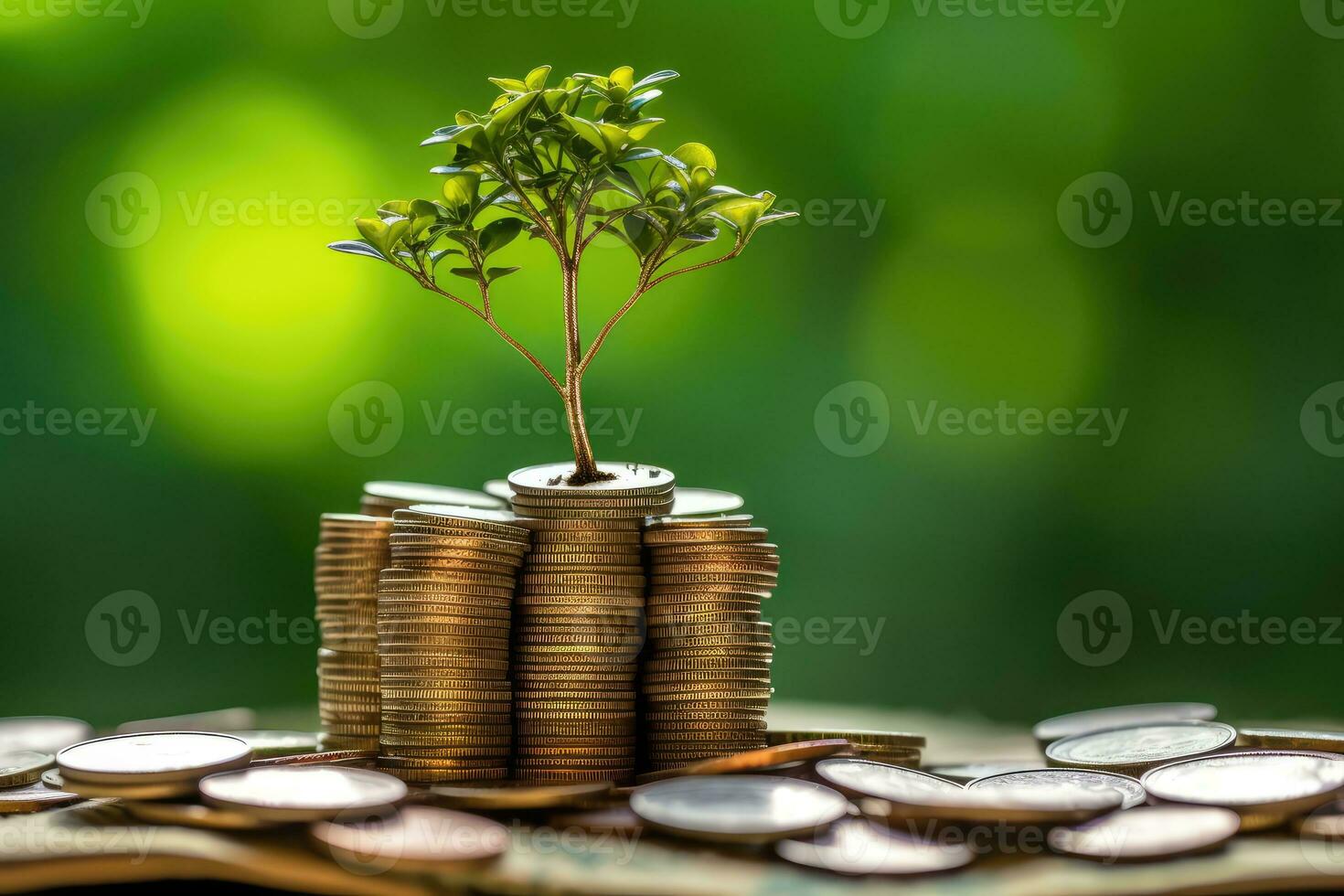 un image cette représente le idée de financier croissance et investissement par photographier une pousse plante ou arbre croissance en dehors de une pile de pièces de monnaie. génératif ai photo