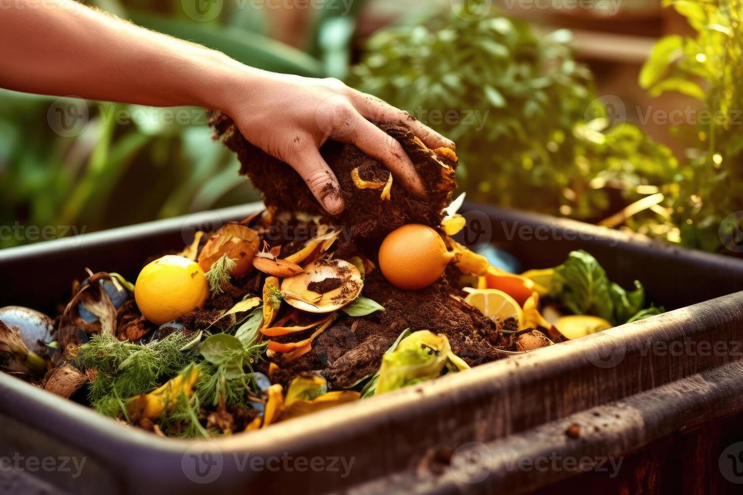 proche - en haut coup de une la personne en utilisant une compost poubelle à disposer de biologique déchets. génératif ai photo