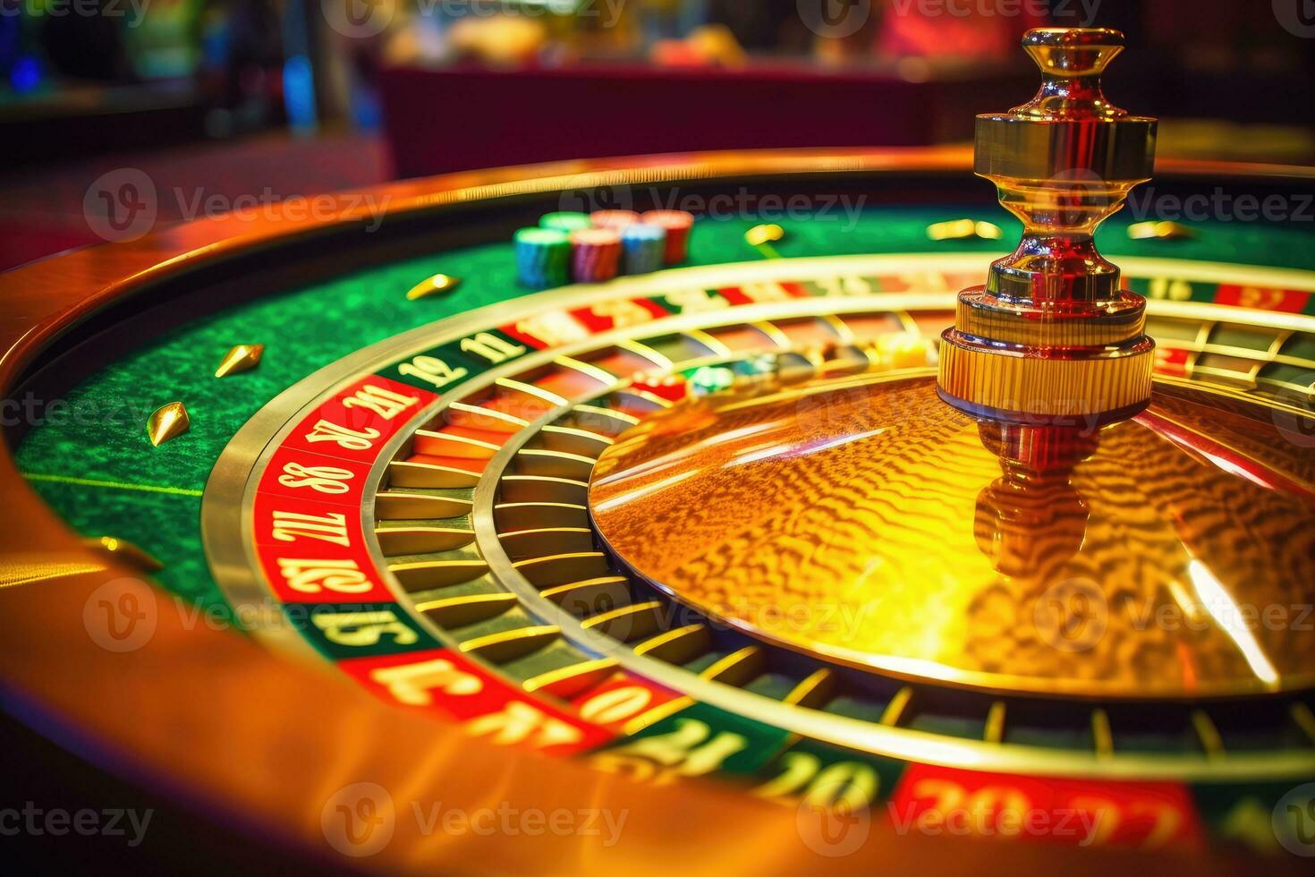 une proche - en haut coup de une roulette table dans une casino, mise en évidence le filage roue et coloré pari puces. génératif ai photo