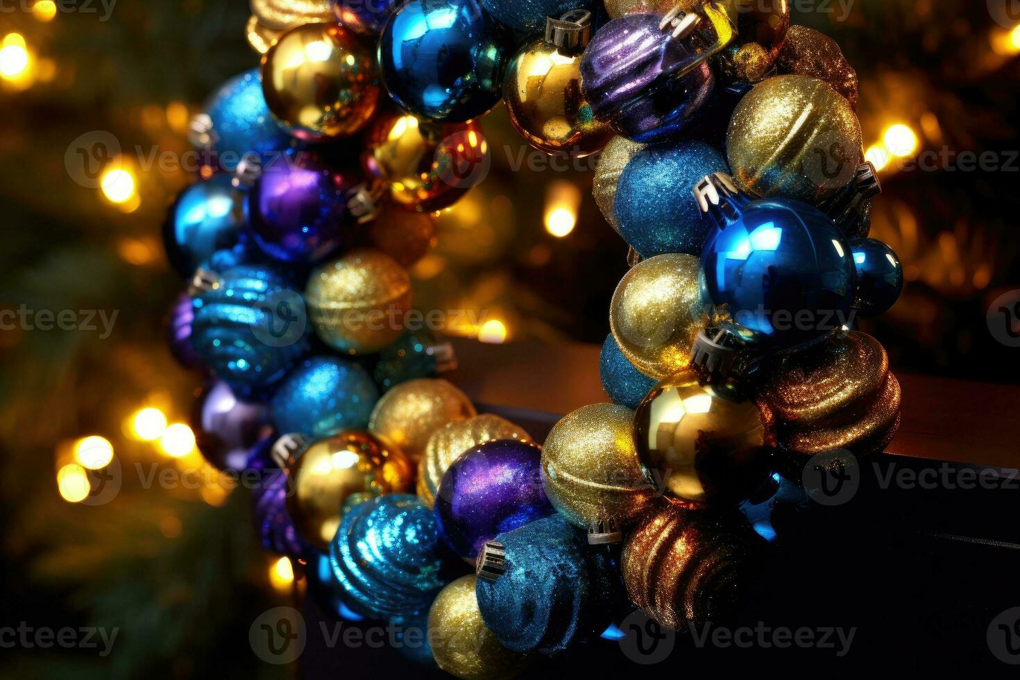 photo avec une de fête couronne orné avec vibrant rubans, ornements, et scintillement lumières. Noël concept. génératif ai