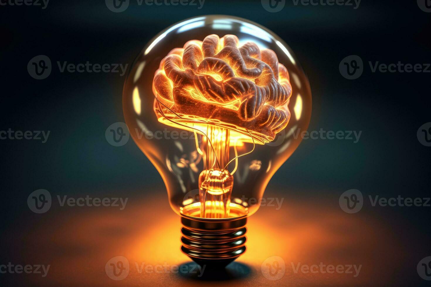 proche - en haut photo vitrines le concept de une Créatif idée par le visuel représentation de une cerveau et une lumière ampoule. génératif ai