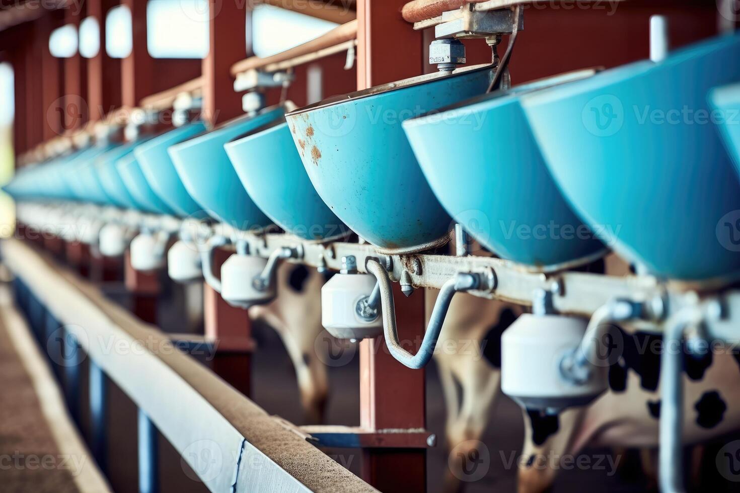 une fermer vue de vaches pendant le traite processus. génératif ai photo