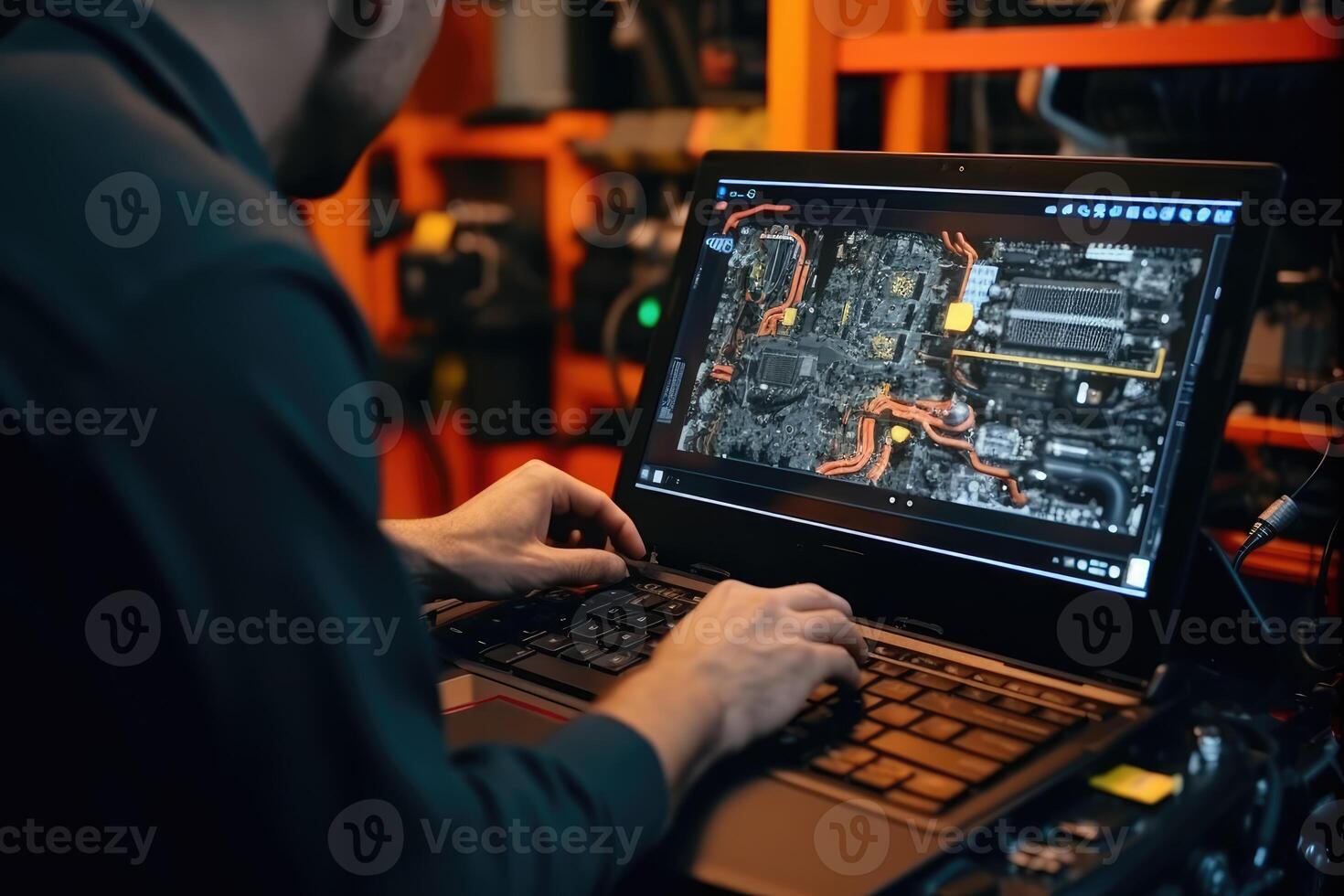 le qualifié travail de un automobile mécanique technicien par capturer une proche - en haut vue de ordinateur Diagnostique dans une garage. génératif ai photo