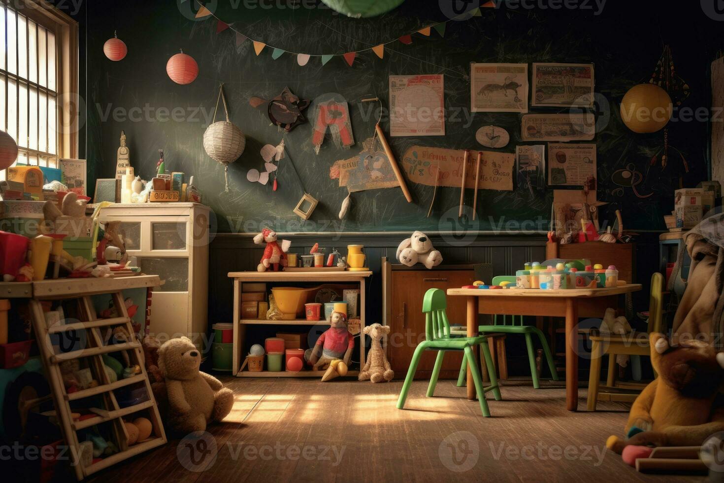 un adorable et atmosphérique réglage de une Jardin d'enfants Salle de classe. génératif ai photo