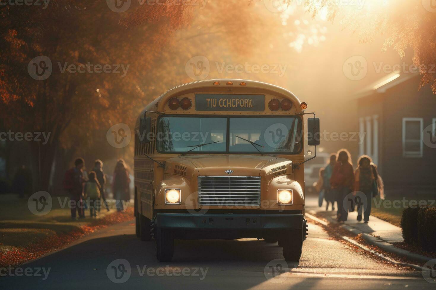 un atmosphérique établissement coup de une école autobus dans le doux Matin lumière. génératif ai photo