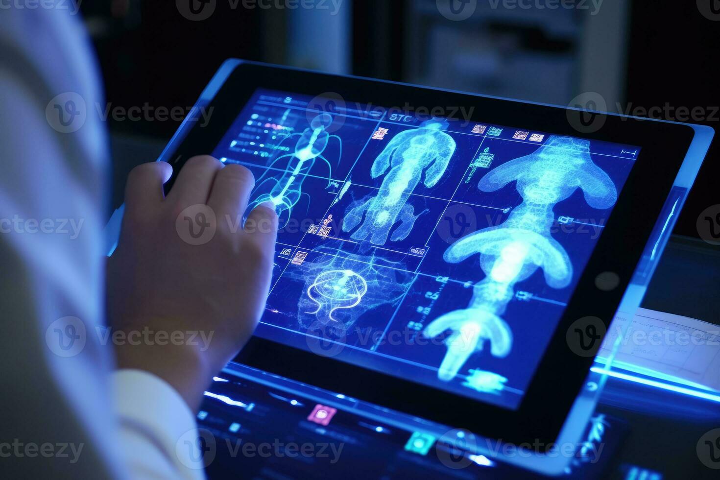 une détaillé proche - en haut photographier de une médicament médecins main interagir avec un électronique médical record affiché sur une tablette. génératif ai photo