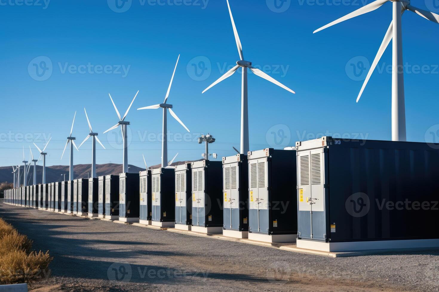 Lignes de vent turbines et solaire énergie espace de rangement établissement dans le Contexte. génératif ai photo