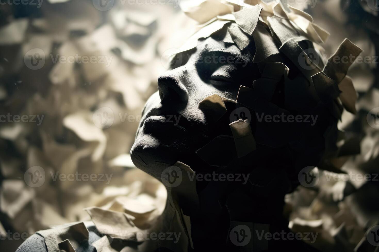 une silhouette de une diriger, moitié rempli avec froissé déchets papier, le autre moitié effusion sur le réfléchissant surface dessous. une photographier représentant le sentiment de anxiété. génératif ai photo