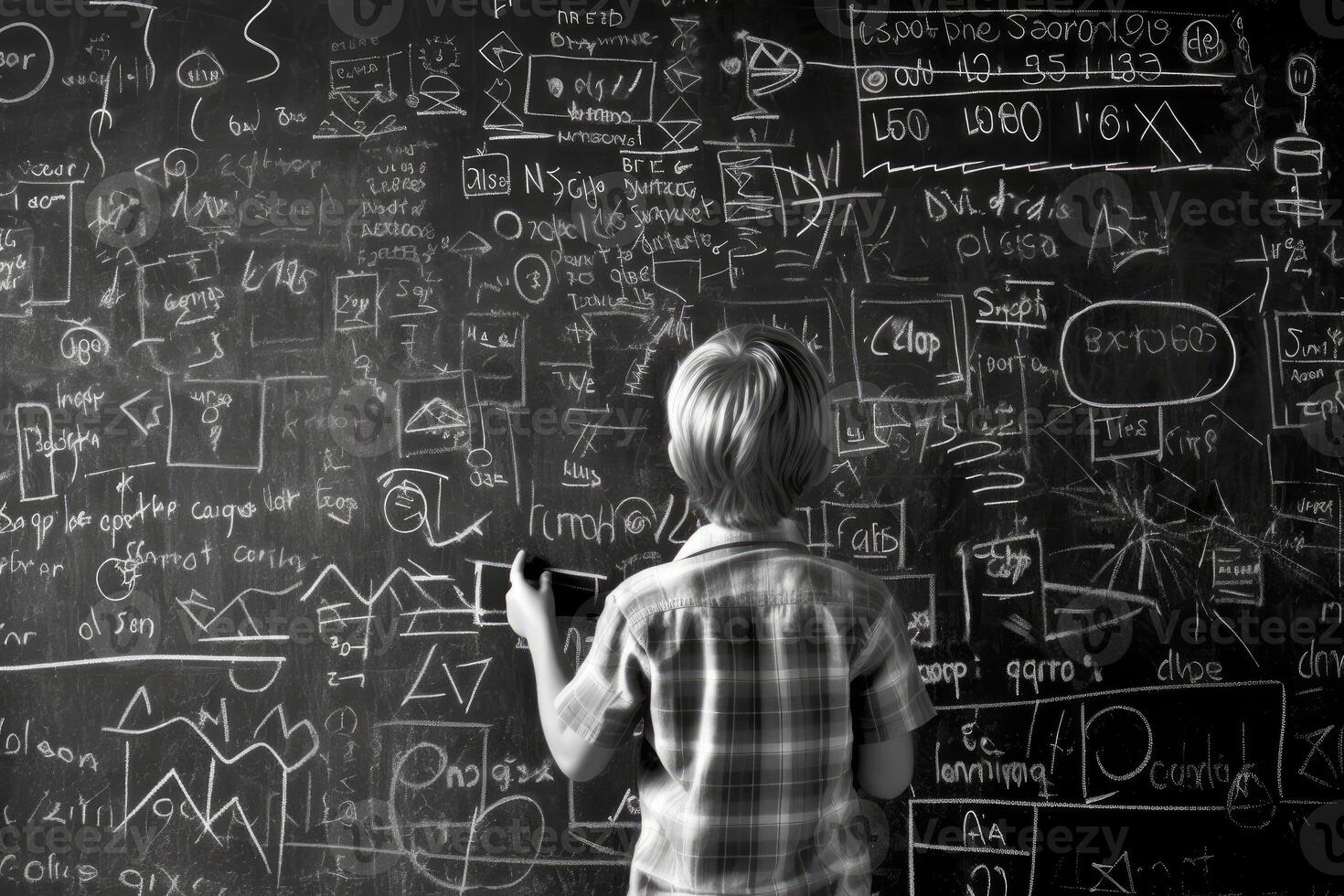 photo de une enfant dessin une tableau noir plein de complexe mathématique formules, prétendre à être une professeur. génératif ai