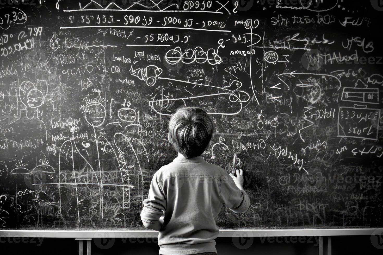 photo de une enfant dessin une tableau noir plein de complexe mathématique formules, prétendre à être une professeur. génératif ai