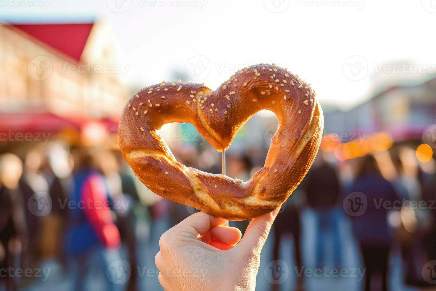 une proche - en haut de une géant bretzel, une agrafe de fête de la bière. génératif ai photo