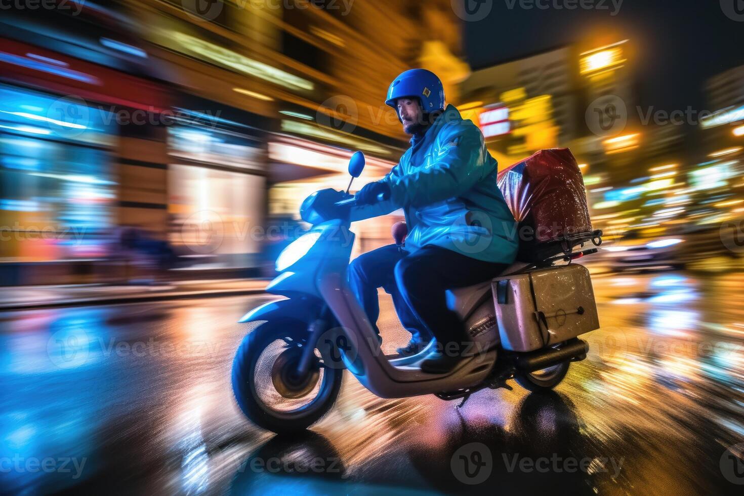 proche - en haut image, une livraison homme est équitation le sien scooter moto par le ville des rues à nuit. génératif ai photo