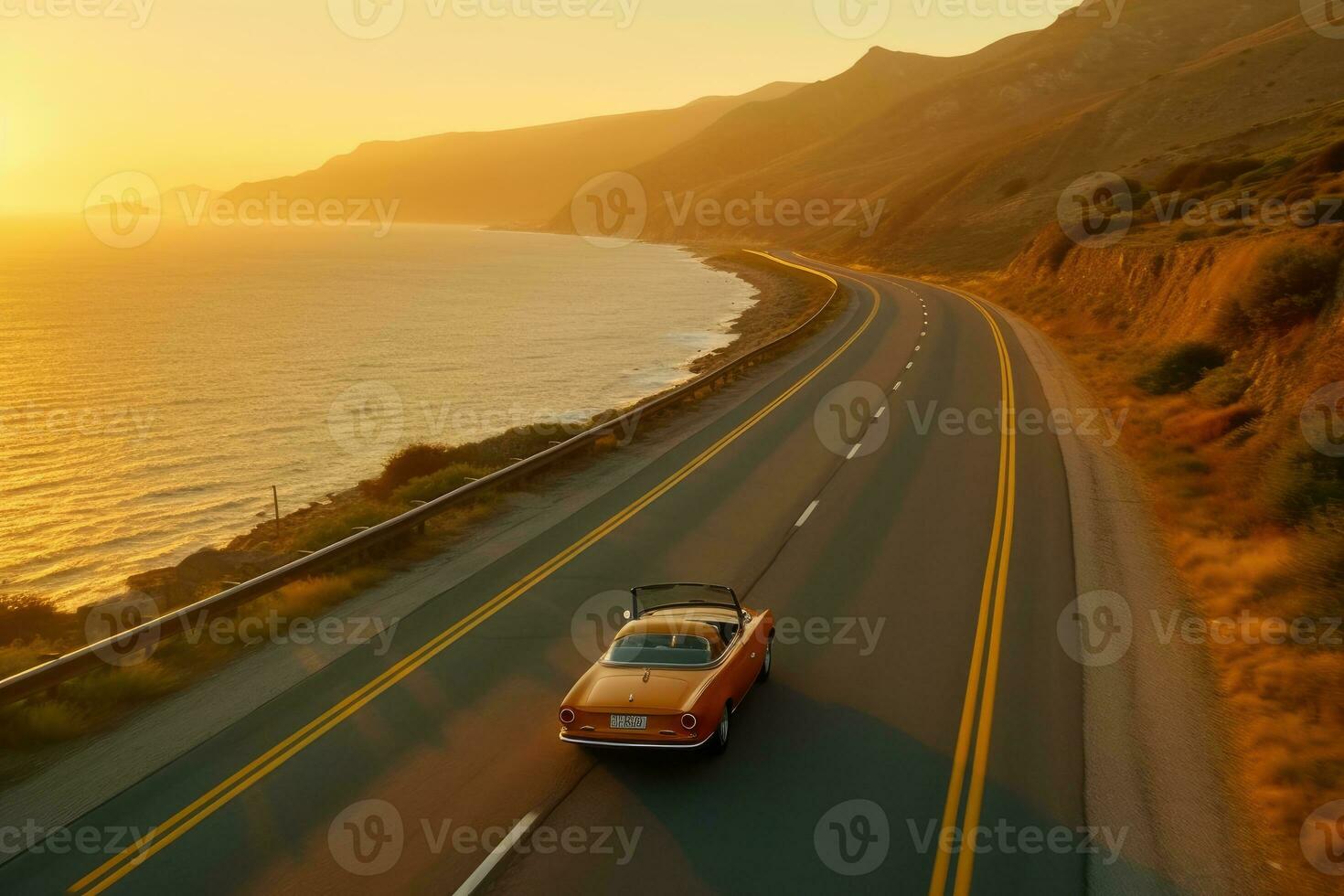 une classique voiture disques vers le bas une côtier Autoroute à le coucher du soleil. génératif ai photo