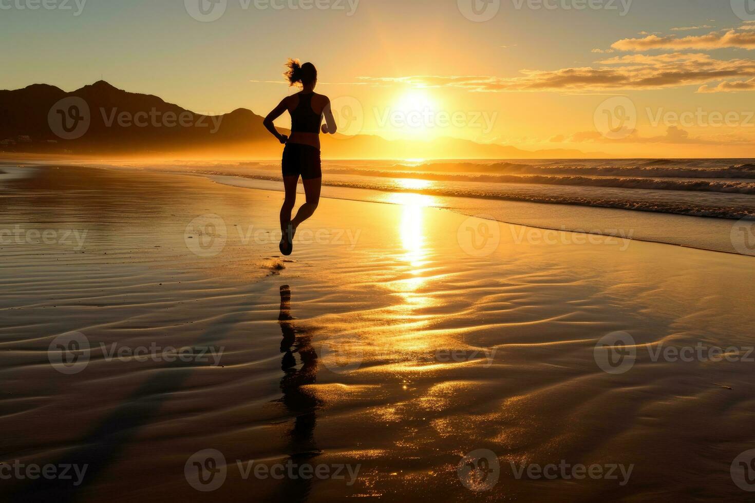 un athlète, fonctionnement sur un isolé plage à le Pause de aube. génératif ai photo