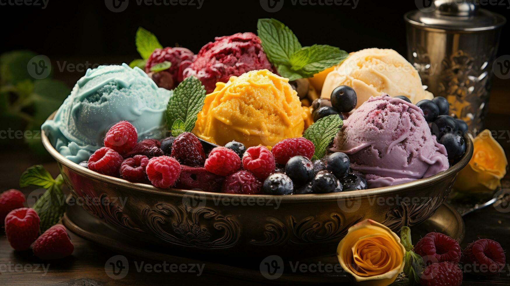 moyen tir, une bol de italien glace, boules de différent les saveurs. génératif ai photo