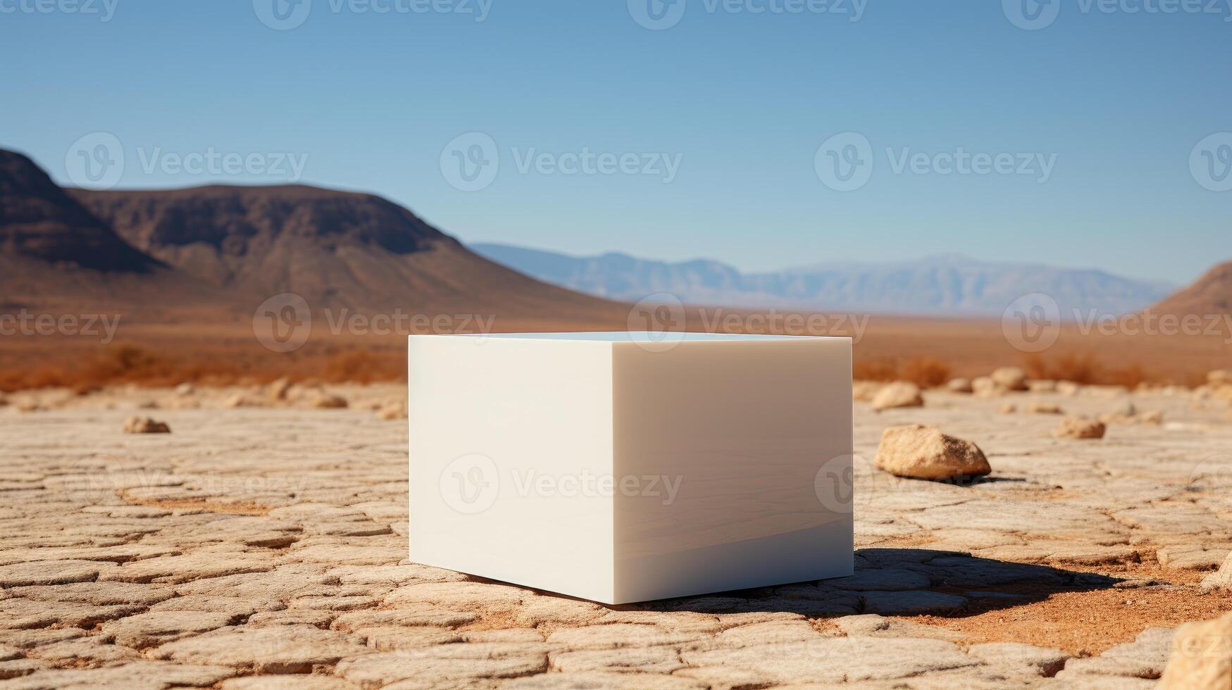 minimaliste tir, Célibataire blanc cube permanent dans une désert. génératif ai photo