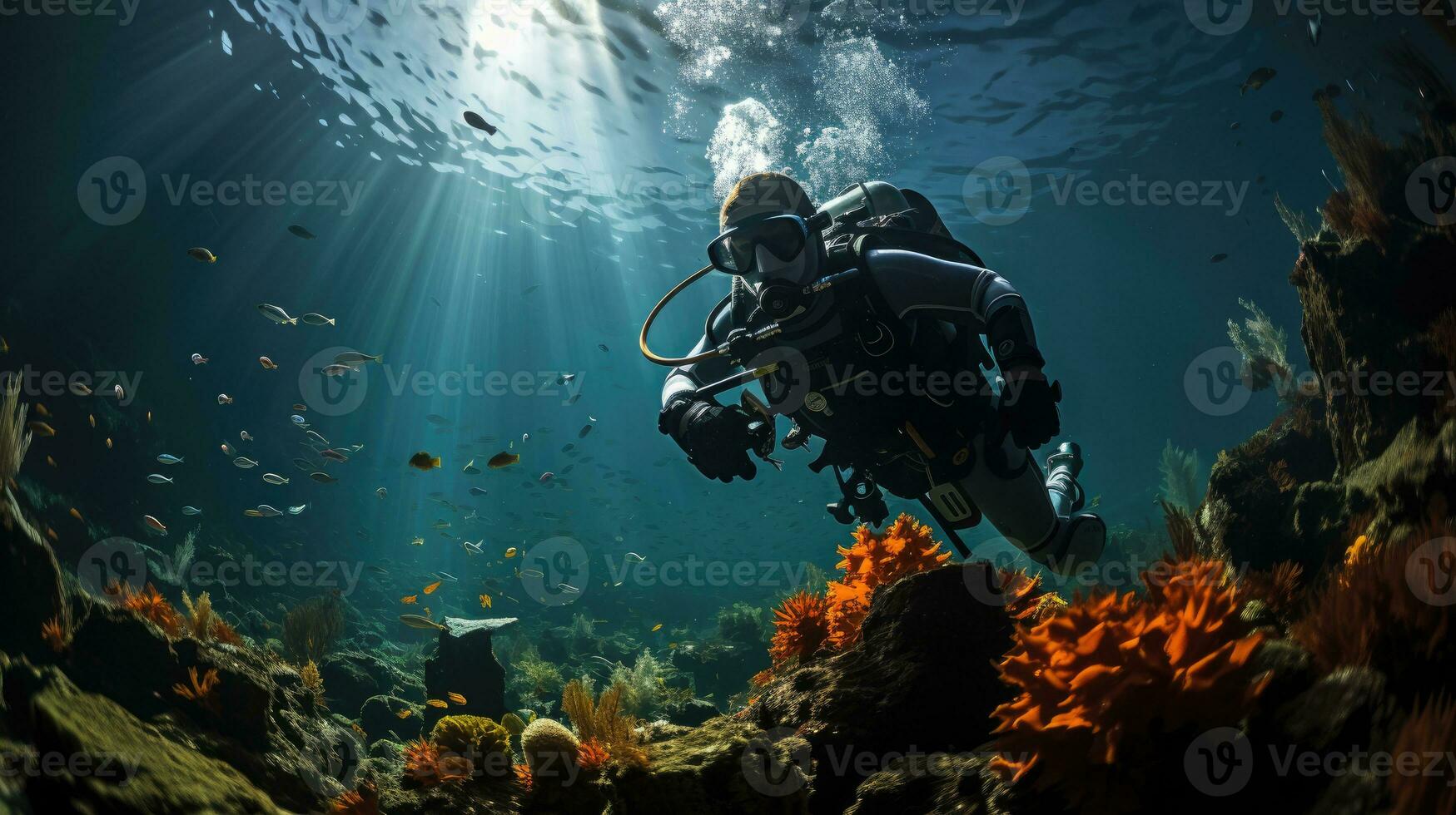 sous-marin tir, scaphandre autonome plongeur explorant corail récif, océan. génératif ai photo