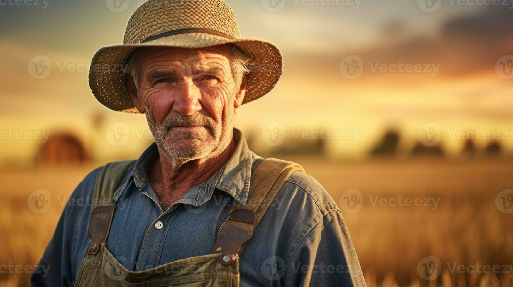 âge moyen agriculteur permanent dans de face de une champ photo