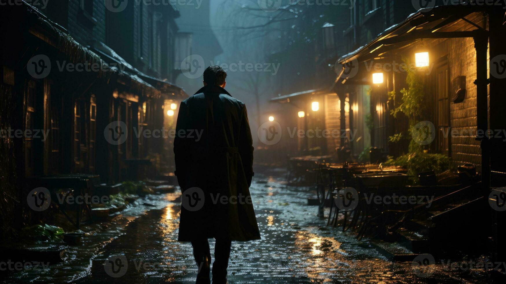 un italien à l'abri agent portant une noir smoking et tranchée manteau entre dans une foncé et dangereux ruelle. photo