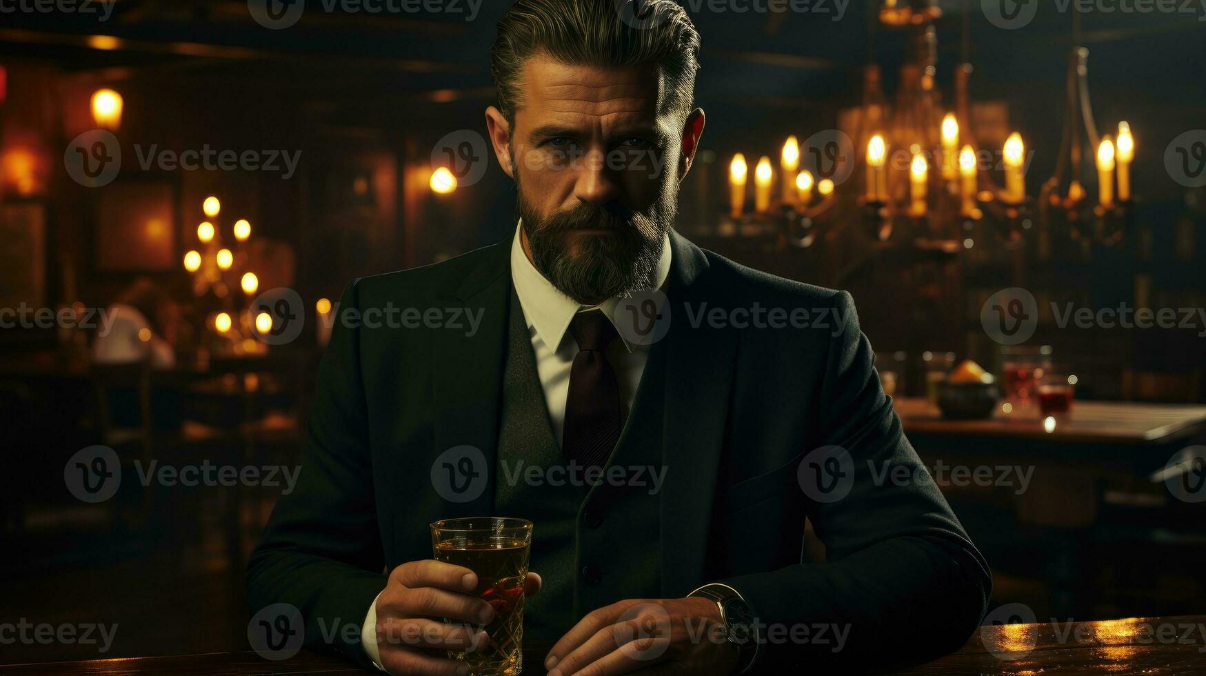 une homme dans une noir costume pose dans une vaguement allumé bar avec une en buvant verre. photo