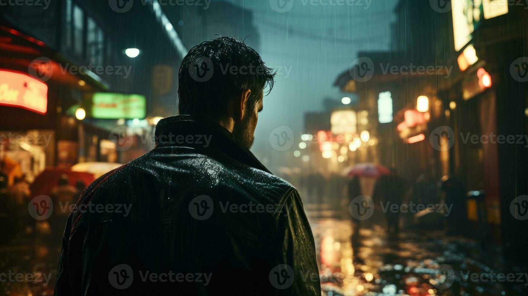 un italien à l'abri agent portant une noir smoking et tranchée manteau entre dans une foncé et dangereux ruelle. photo