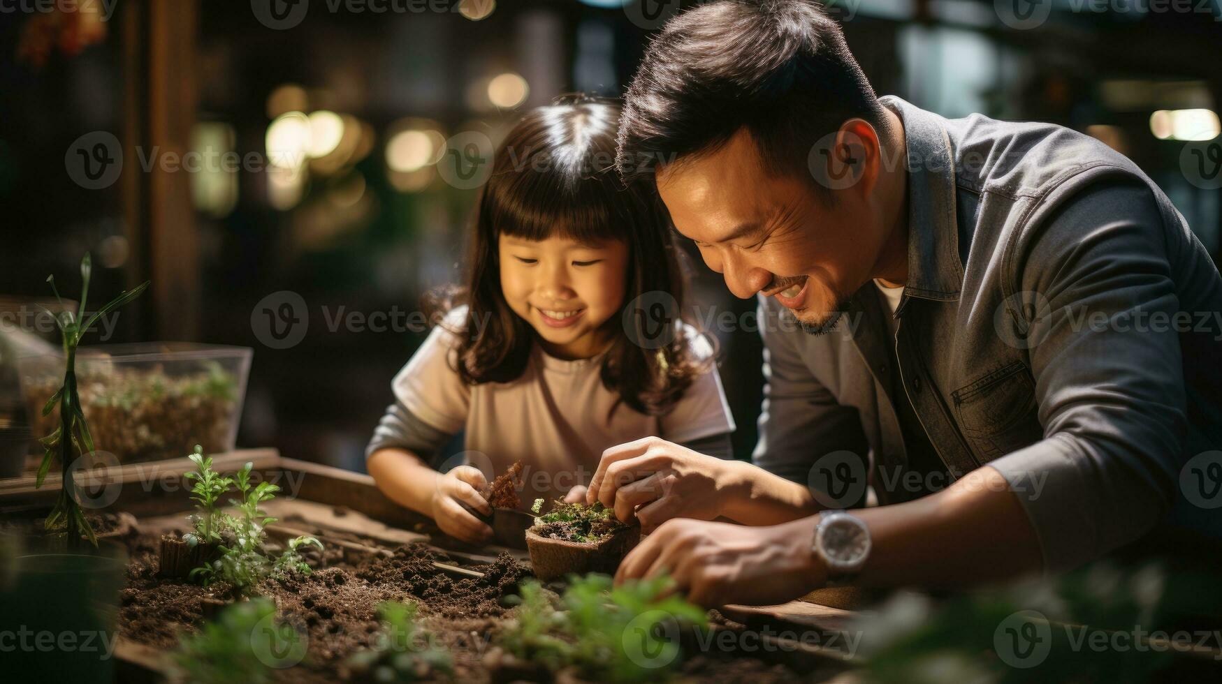 Jeune marié des couples absorbé dans une jardin plantation session. génératif ai photo