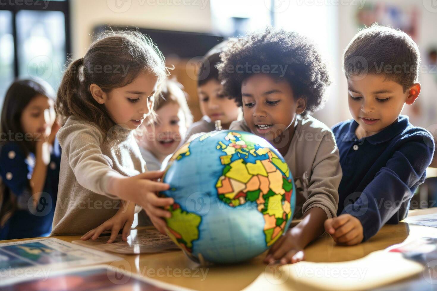 un engageant photo de une diverse groupe de élèves explorant une globe dans une vivement allumé Salle de classe. génératif ai