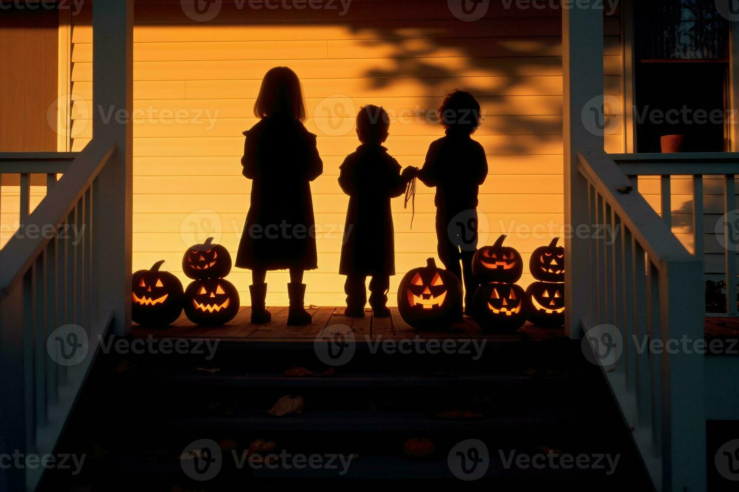 le silhouettes de les enfants tour - ou - traiter, rétro-éclairé par le chaud lueur de une jack - o' - lanterne sur une porche. génératif ai photo