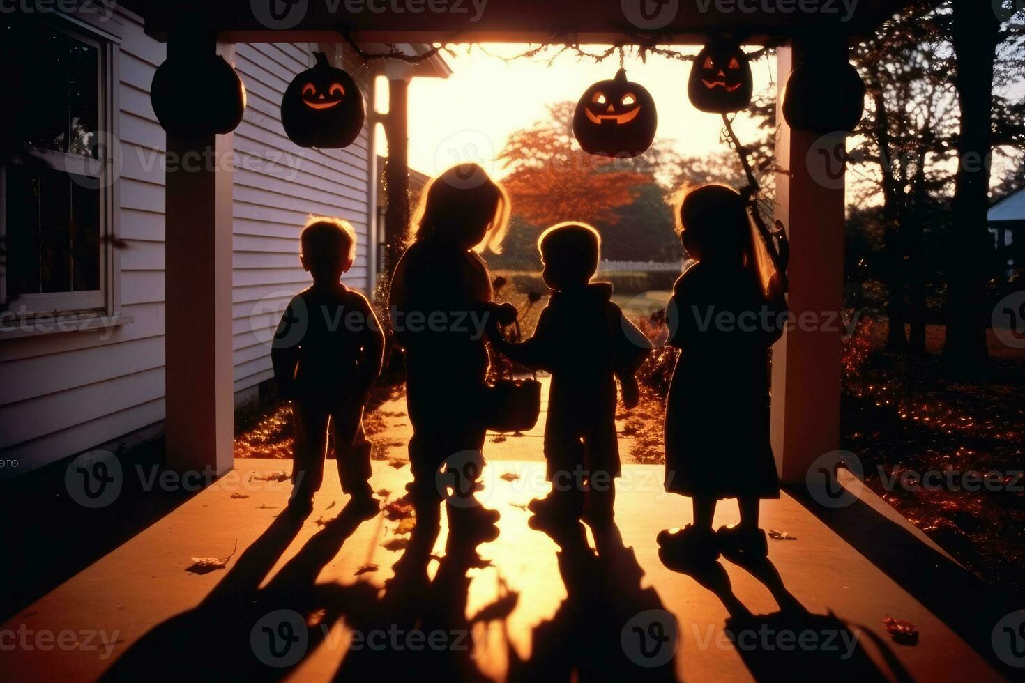le silhouettes de les enfants tour - ou - traiter, rétro-éclairé par le chaud lueur de une jack - o' - lanterne sur une porche. génératif ai photo