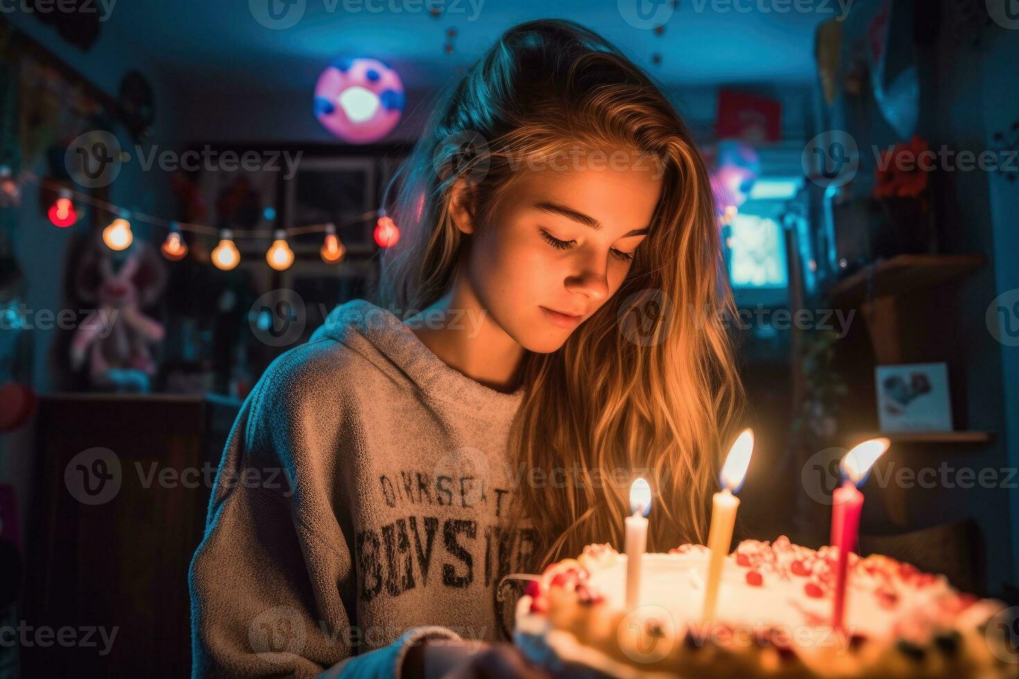 une profil vue de une adolescent fille fabrication une souhait avant soufflant en dehors sa anniversaire bougies. génératif ai photo