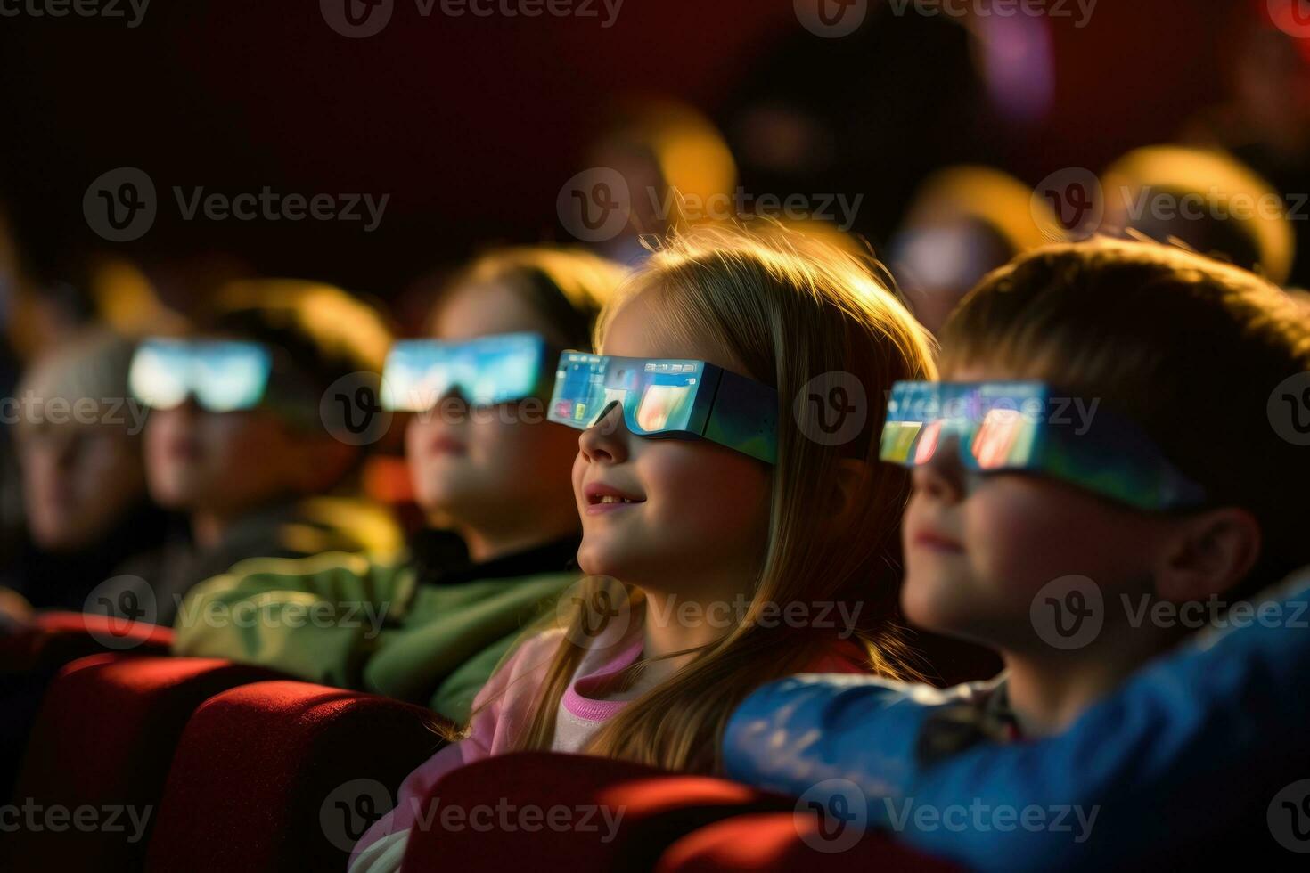 une contemporain scène de les enfants dans 3d des lunettes en train de regarder un aventure film. génératif ai photo