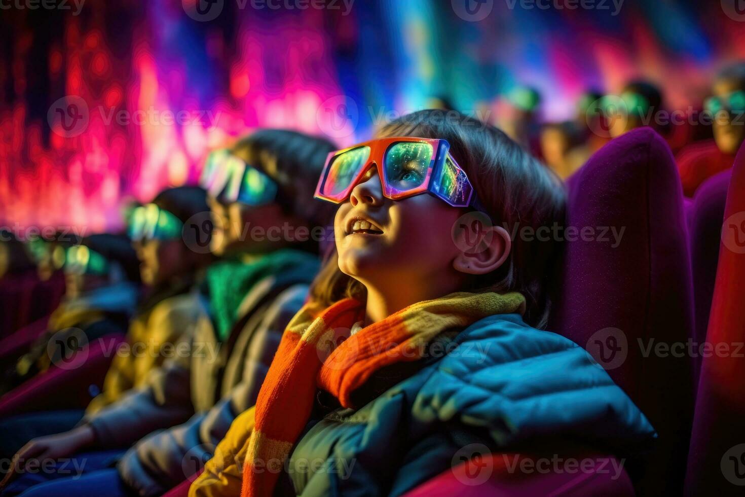 une contemporain scène de les enfants dans 3d des lunettes en train de regarder un aventure film. génératif ai photo