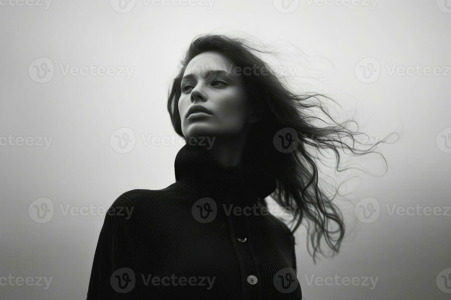 une spectaculaire noir et blanc femelle modèle portrait cette évoque une sens de intensité. génératif ai photo