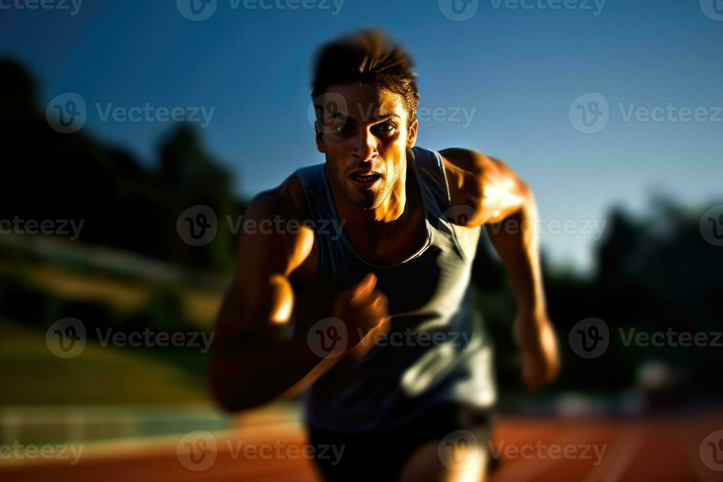 le agilité et la vitesse de une Masculin athlète comme il engage dans une sprint session sur le piste. génératif ai photo