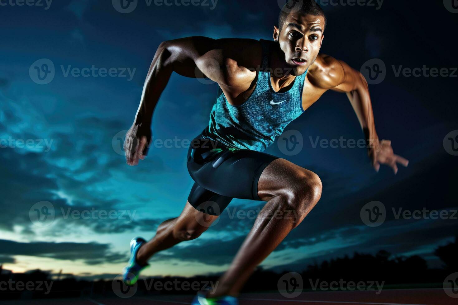 le agilité et la vitesse de une Masculin athlète comme il engage dans une sprint session sur le piste. génératif ai photo