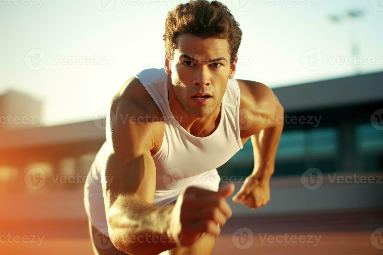 le agilité et la vitesse de une Masculin athlète comme il engage dans une sprint session sur le piste. génératif ai photo