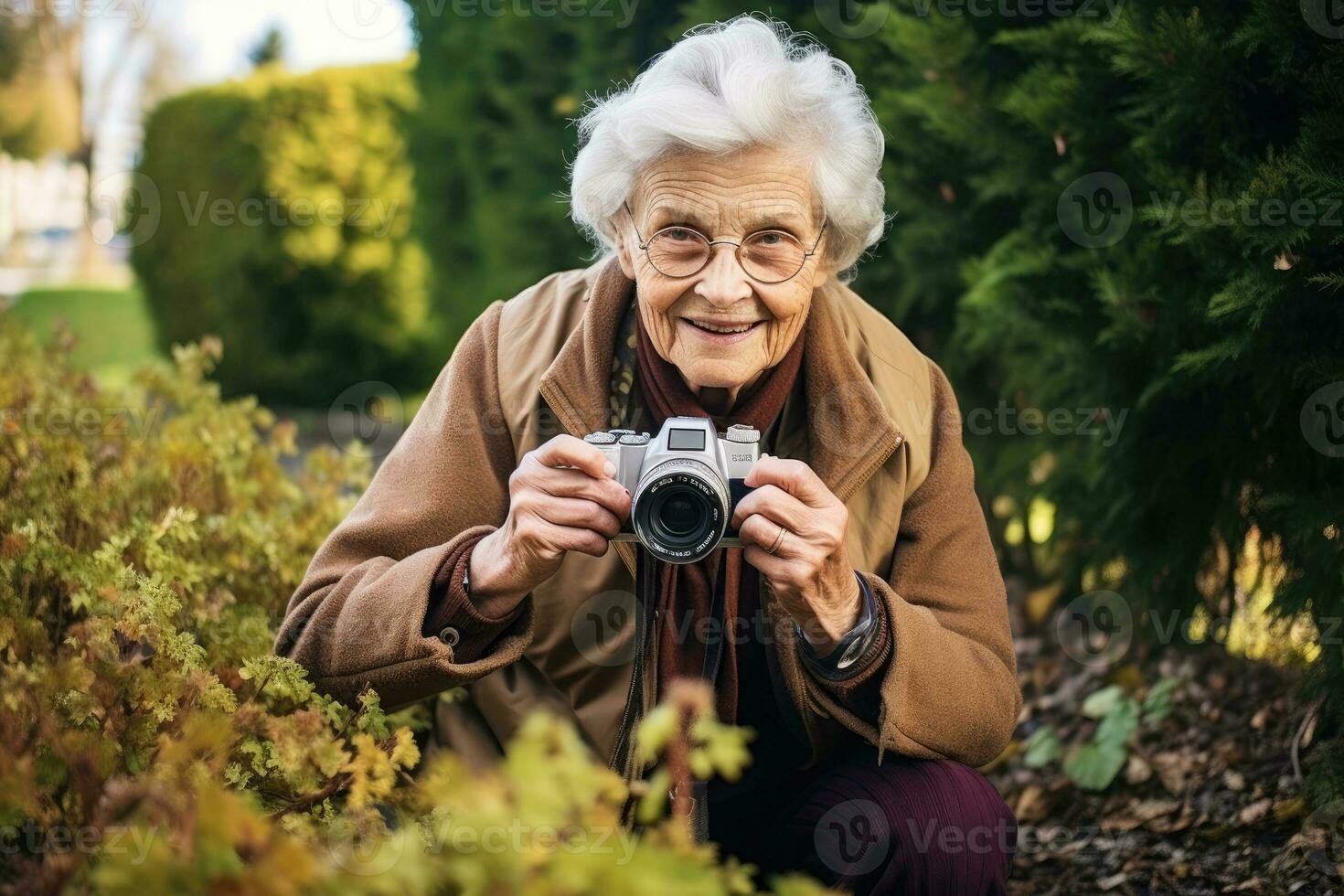 un personnes âgées femme en utilisant une caméra et une la photographie passe-temps, démontrant sa compétences à adapter à moderne développements. génératif ai photo