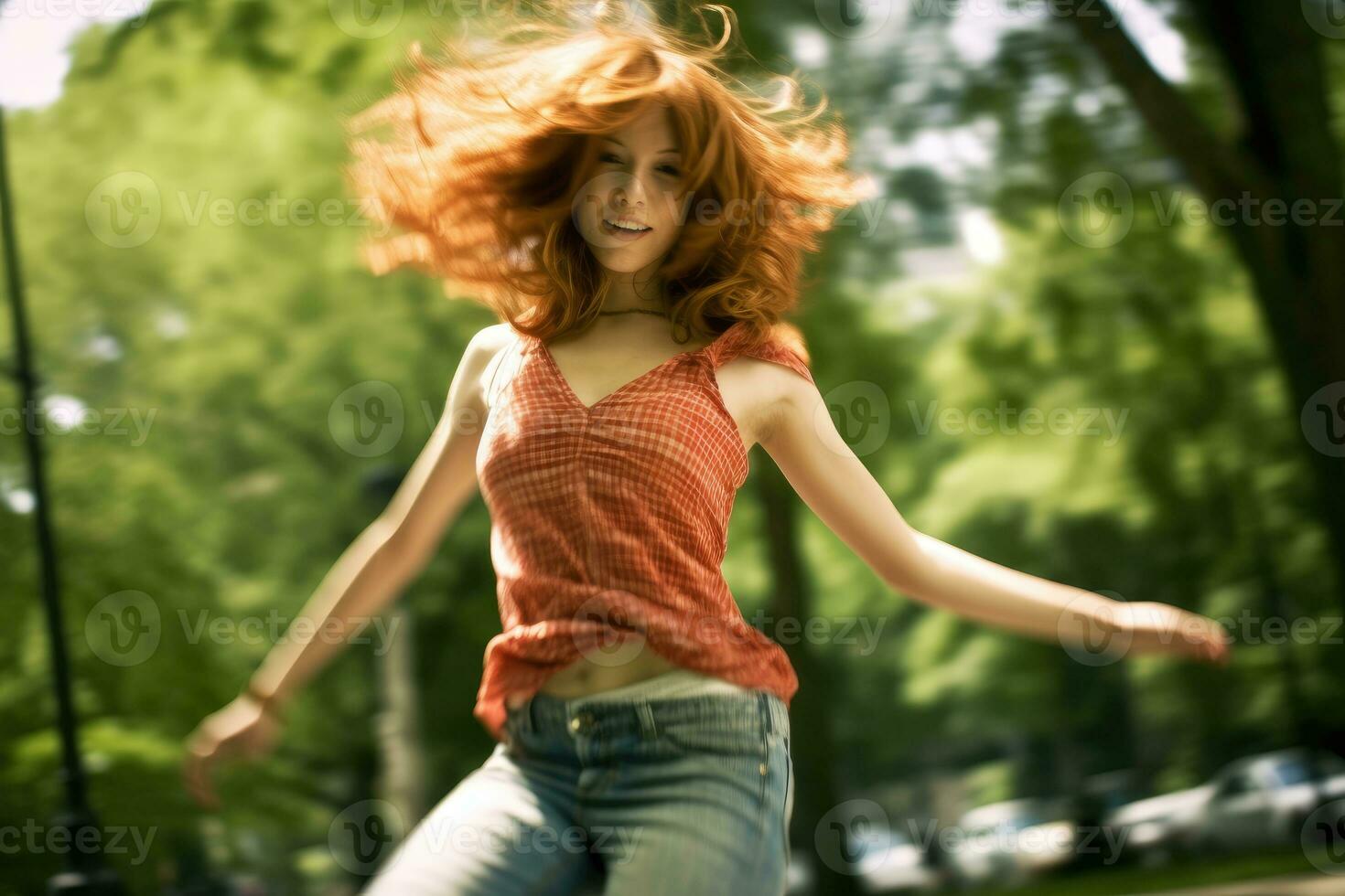 une vibrant et énergique coup de une Jeune femme dansant dans une ville parc. génératif ai photo
