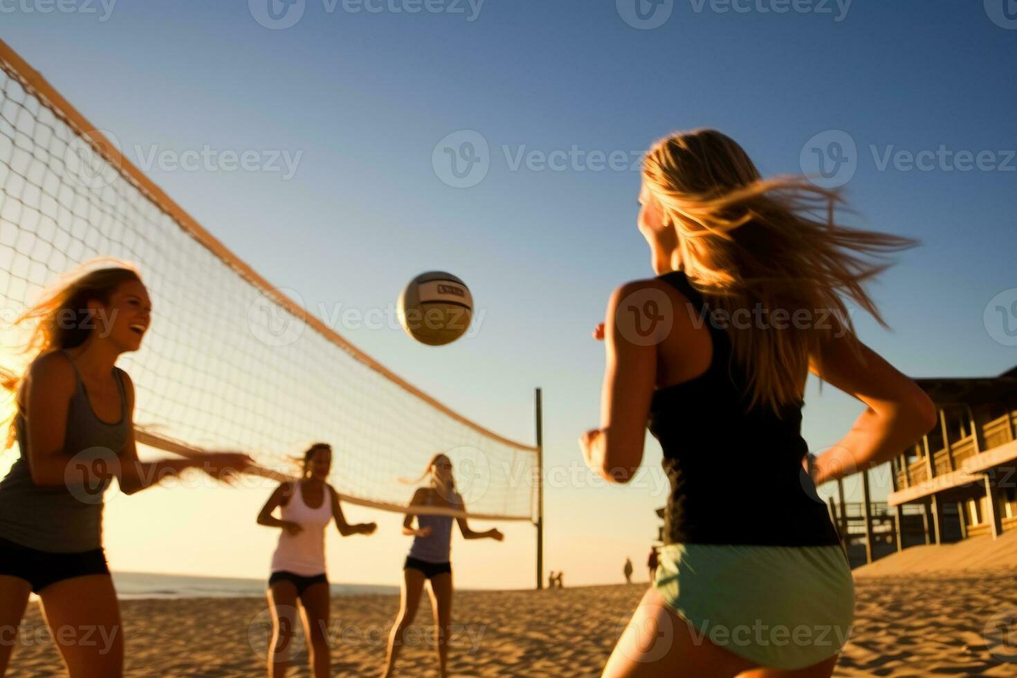 une groupe de copains en jouant une amical Jeu de plage volley-ball. génératif ai photo
