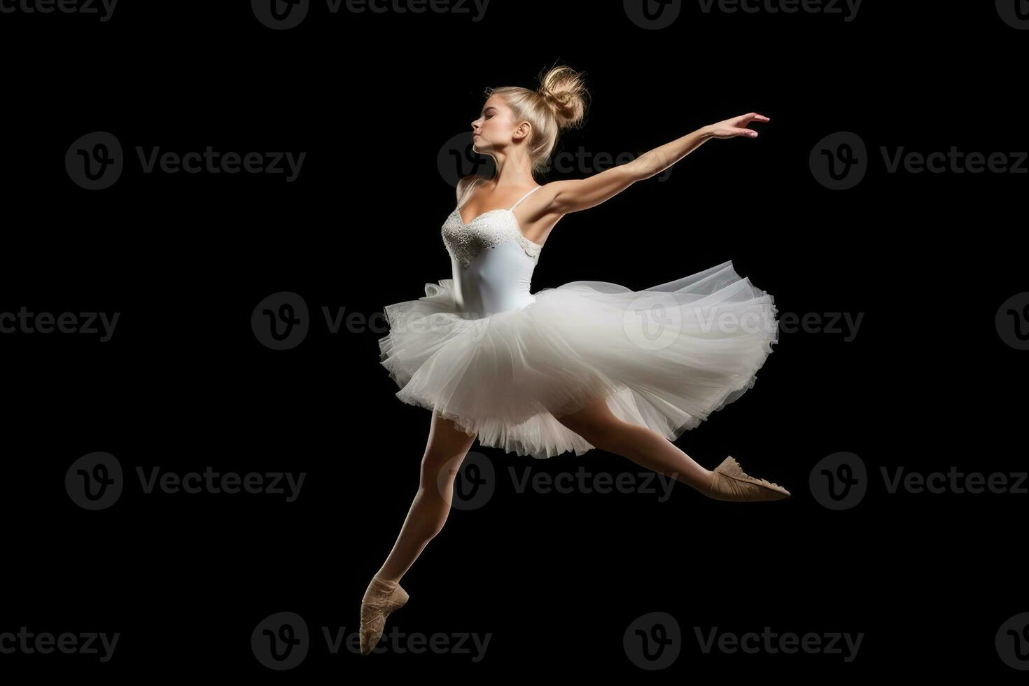 une proche - en haut coup de une ballerine dans milieu - air, congelé dans une gracieux pose. génératif ai photo